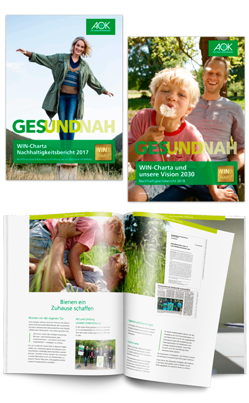 Abbildung Titel und Innenseite Nachhaltigkeitsbericht der AOK Baden Württenberg